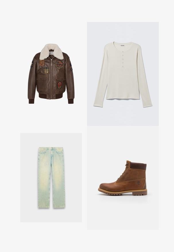 Brun læder bomberjakke med en shearling krave, der har flere patches og to forlommer. Ribbet kant og nederste del.; Langærmet cremefarvet henley-shirt med rund halsudskæring og fem-knaps læg, mærket Weekday, lagt fladt på en neutral baggrund.; Lyseblå denimjeans med løs pasform, fem lommer, lynlås og en slidt finish langs lår og knæ.; Brun læder vandrestøvle med en glat finish, polstret ankel, metalliske snørehuller og en gummisål med et robust dækmønster.