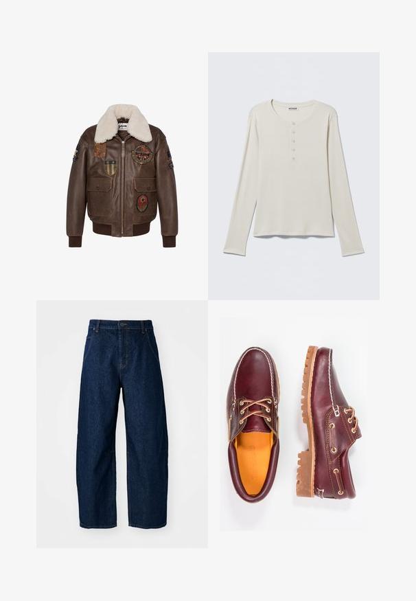 Brun læder bomberjakke med en shearling krave, der har flere patches og to forlommer. Ribbet kant og nederste del.; Langærmet cremefarvet henley-shirt med rund halsudskæring og fem-knaps læg, mærket Weekday, lagt fladt på en neutral baggrund.; Bredde ben mørk denim jeans med høj talje, som har fem lommer, knaplukning foran og synlige syninger.; Bordeaux lædersko med brune gummisåler, rund tå, hvid syning og gyldne snøringer. Indersiden har et gult for.
