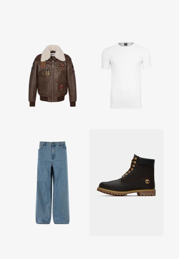 Brun læder bomberjakke med en shearling krave, der har flere patches og to forlommer. Ribbet kant og nederste del.; Ensfarvet hvid t-shirt med korte ærmer og rund hals på en hvid baggrund, vist fra fronten med synlig mærkat inde i kraven.; Denim bredde ben bukser i lys blå. Har en knap- og lynlåslukning, fem lommer og en falmet tekstur for et klassisk look.; Sorte læder ankelstøvle med gyldne øjer, brune detaljer og gummisål. Har en polstret krave og præget logo på siden.