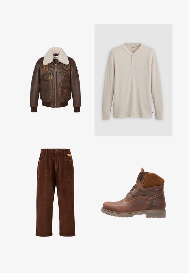 Brun læder bomberjakke med en shearling krave, der har flere patches og to forlommer. Ribbet kant og nederste del.; Langærmet henley-skjorte i lys beige ribbet stof, med V-hals, tre-knap placket og manchetter ved ærmerne. Rød logo-tags ved kanten.; Brune corduroy bukser med en ribbet tekstur, lige ben, forlommer og et broderet gult logo nær taljen.; Brune læder ankelstøvle med ruskindsdetaljer, rund tå, snørebånd foran, robust sål og præget logo detalje på siden.