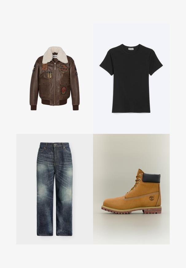 Chaqueta bomber de cuero marrón con cuello de borrego, que presenta múltiples parches y dos bolsillos frontales. Puños y dobladillo acanalados.; Camiseta negra lisa de manga corta con cuello redondo y etiqueta de la marca Weekday dentro del cuello, mostrada sobre un fondo blanco.; Vaqueros de mezclilla azul oscuro con marcas desteñidas y detalles desgastados, corte de pierna recta, botón frontal y costuras visibles en los bolsillos.; Bota de tobillo de cuero marrón con cuello negro, cordones amarillos y suela beige. Presenta un logotipo y detalles de costura blanca. Suela exterior con tracción robusta.