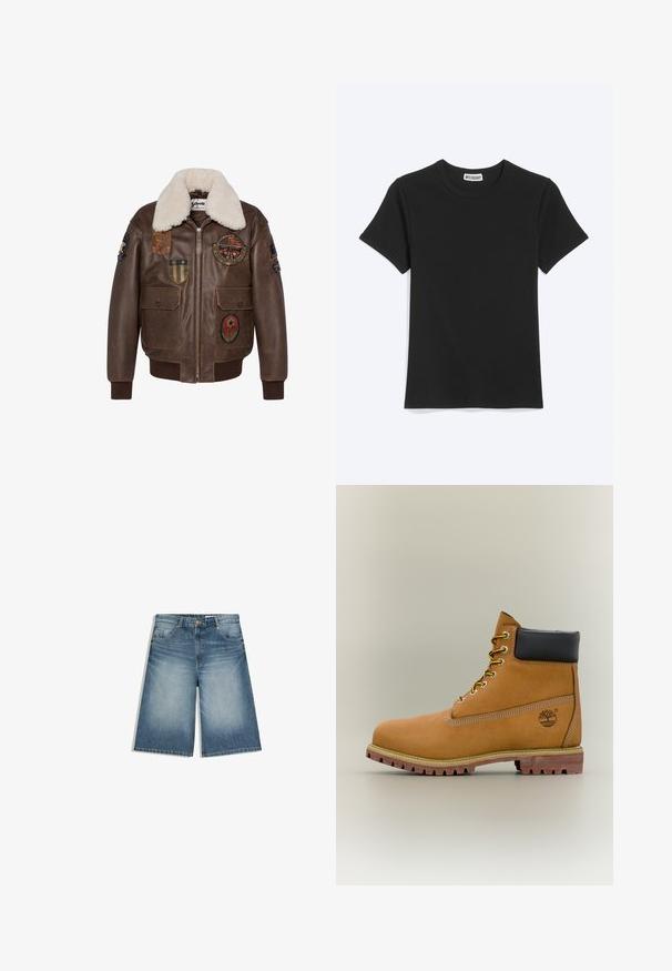 Veste bombardier en cuir marron avec un col en shearling, dotée de plusieurs écussons et de deux poches avant. Poignets et ourlet côtelés.; T-shirt noir uni à manches courtes et col rond avec une étiquette de la marque Weekday à l’intérieur du col, présenté sur fond blanc.; Shorts en jean bleu moyen jusqu'au genou avec poches avant, passants pour ceinture et fermeture par bouton, présentant un léger effet délavé sur les cuisses.; Bottine en cuir marron avec col noir, lacets jaunes et semelle beige. Présente un logo et des détails de couture blanche. Semelle extérieure à traction robuste.