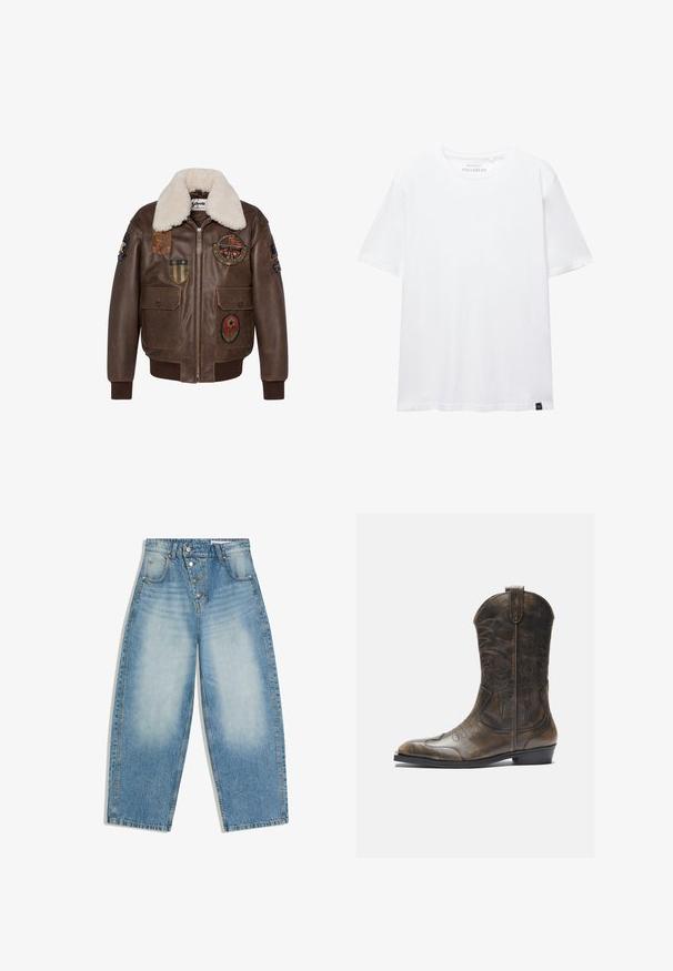 Brun læder bomberjakke med en shearling krave, der har flere patches og to forlommer. Ribbet kant og nederste del.; Hvid kortærmet T-shirt i almindelig pasform med rund halsudskæring og lille sort stofetiket i bundkanten.; Blå, højtsiddende jeans med vide ben, lukket med knapper og med falmede detaljer på forreste lår og lommer.; Brune læder cowboystøvle med en høj skaft, spids tå, intrikate syning mønstre og en lille hæl. Struktureret finish hele vejen igennem.