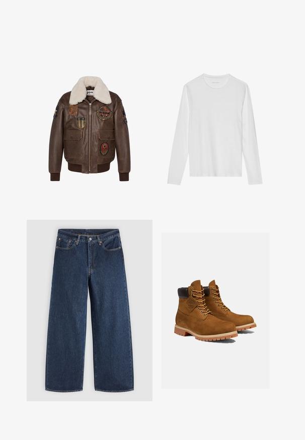 Chaqueta bomber de cuero marrón con cuello de borrego, que presenta múltiples parches y dos bolsillos frontales. Puños y dobladillo acanalados.; Camiseta blanca de manga larga hecha de algodón suave, con cuello redondo y una textura lisa sin patrones ni detalles visibles.; Vaqueros vaqueros azul oscuro de pierna ancha con bolsillos delanteros, cierre de botones y trabillas para cinturón, extendidos sobre un fondo claro.; Botines de ante marrón con un cuello acolchado negro, ojales dorados y suela de goma gruesa con un patrón de tacos para mayor tracción.