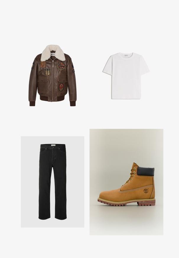 Veste bombardier en cuir marron avec un col en shearling, dotée de plusieurs écussons et de deux poches avant. Poignets et ourlet côtelés.; T-shirt en coton blanc avec un col rond et des manches courtes. Présente une coupe classique et carrée, sans motifs ni accents visibles.; Des jeans en denim noir à coupe droite disposent d'un design classique à cinq poches avec fermeture à bouton, de coutures minimales et d'une texture douce.; Bottine en cuir marron avec col noir, lacets jaunes et semelle beige. Présente un logo et des détails de couture blanche. Semelle extérieure à traction robuste.