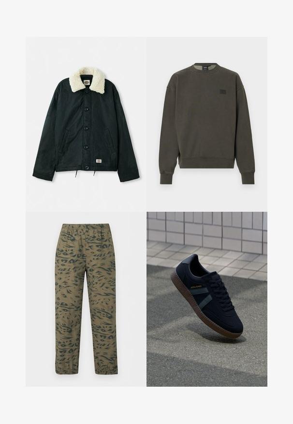 Sort jakke med en krave i cremefarvet faux shearling, frontknapper, sidelommer og snor i kanten. Etiket på nederste venstre side.; Mørke olivengrøn crewneck-sweatshirt med lange ærmer, ribstrikkede manchetter, kant og en lille sort Vans-logo på venstre bryst.; Oliven grønne joggebukser med mørkegrønt abstrakt dyreprint, elastisk taljebånd og elastiske manchetter ved anklerne.; Sort sneaker med struktureret overflade, mørkegrønne striber og brun gummisål. Har snøringer og branding på siden.