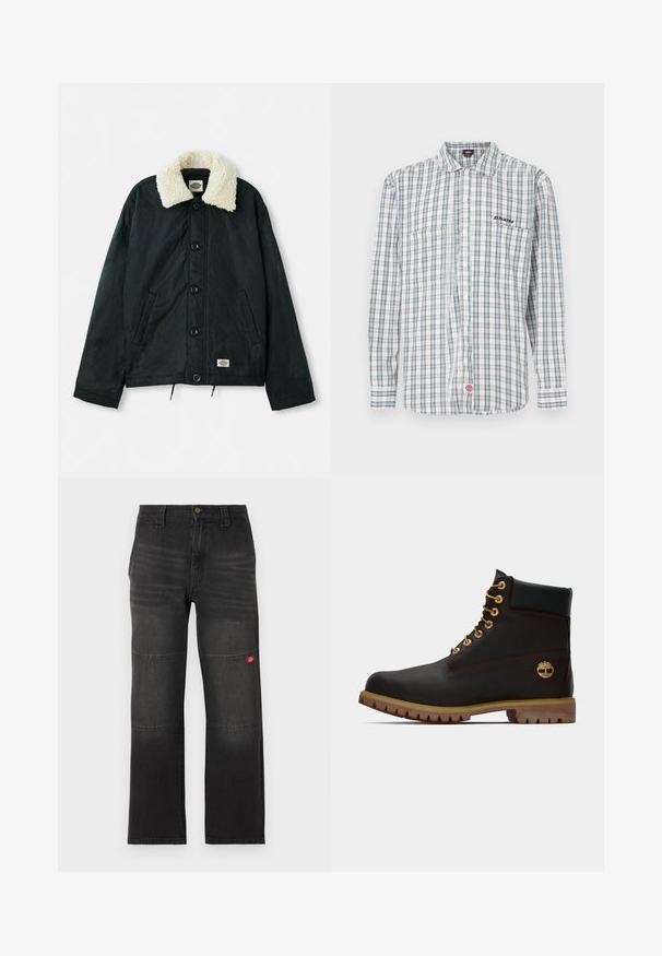 Sort jakke med en krave i cremefarvet faux shearling, frontknapper, sidelommer og snor i kanten. Etiket på nederste venstre side.; Rudchecket skjorte med knapper i hvid, grøn og blå. Har lange ærmer, krave, to frontlommer og en logobrodering på brystet.; Sorte denim arbejdssbukser med dobbelte knæpaneler og et lille rødt logo på højre ben, lige snit og linning med knaplukning.; Sorte læder ankelstøvle med gyldne øjer, brune detaljer og gummisål. Har en polstret krave og præget logo på siden.