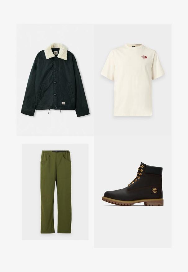 Zwarte jas met een crèmekleurige nepbont kraag, drukknoopsluiting aan de voorkant, zijzakken en een trekkoord onderaan. Etiket aan de linkerbenedenkant.; Korte mouwen off-white T-shirt met bordeauxkleurig 'The North Face' logo op de linkerborst, ronde hals, eenvoudig ontwerp.; Olijfgroene rechte broek met elastische tailleband en zwarte verstelbare gesp, voor- en zijzakken, detail met naad aan de voorkant.; Zwarte leren enkellaars met gouden oogjes, bruine accenten en een rubberen zool. Heeft een gevoerde kraag en geperst logo aan de zijkant.