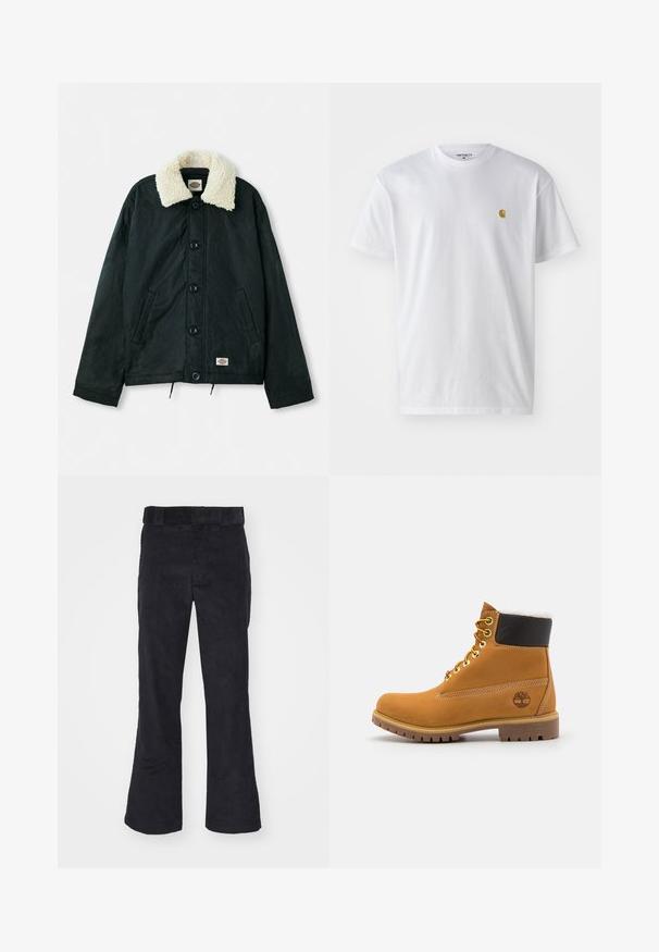 Schwarze Jacke mit einem krämfarbenen Kunstfellkragen, Frontdruckknöpfen, seitlichen Taschen und einem Kordelzug am Saum. Etikett auf der unteren linken Seite.; Weißes Baumwoll-T-Shirt mit kurzen Ärmeln, Rundhalsausschnitt, mit einem kleinen goldenen Logo im linken Brustbereich. Weicher Stoff und normale Passform.; Schwarze Cordhosen mit lockerer Passform, klassischem Bund und weit geschnittenen Beinen, weicher Textur und ohne sichtbare Muster oder Akzente.; Braune Leder-Ankle-Boots mit Metallösen, weißem Kunstfellfutter, schwarzem gepolstertem Kragen, robustem Sohlenprofil und geprägtem Logo an der Seite.