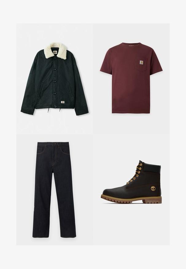 Chaqueta negra con cuello de piel sintética color crema, botones de presión en el frente, bolsillos laterales y dobladillo con cordón. Etiqueta en la parte inferior izquierda.; Camiseta marrón oscuro de manga corta con bolsillo en el pecho que presenta un pequeño parche con el logo de Carhartt.; Vaqueros de pierna recta en azul oscuro con cierre frontal de botón y cremallera, que cuentan con bolsillos y costuras de contraste en color naranja.; Bota de cuero negro de tobillo con ojales dorados, acentos marrones y suela de goma. Presenta un cuello acolchado y un logotipo en relieve en el costado.