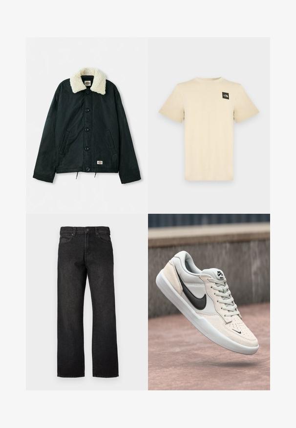 Chaqueta negra con cuello de piel sintética color crema, botones de presión en el frente, bolsillos laterales y dobladillo con cordón. Etiqueta en la parte inferior izquierda.; Camiseta beige de manga corta hecha de algodón, con un pequeño logo cuadrado negro en la parte superior izquierda del pecho. Escote redondo simple.; Vaqueros negros de mezclilla con un corte recto, con cierre de botones, trabillas para cinturón y cinco bolsillos. La tela tiene un acabado suave con una textura ligera.; Zapatilla Nike SB en gris claro y crema, con parte superior de ante, swoosh negro, detalles texturizados y suela de goma blanca.