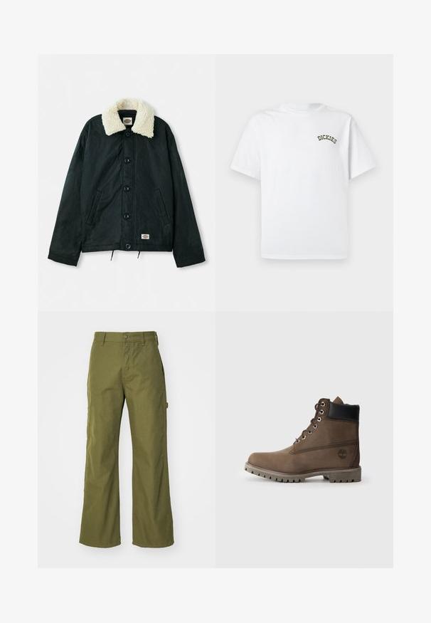 Schwarze Jacke mit einem krämfarbenen Kunstfellkragen, Frontdruckknöpfen, seitlichen Taschen und einem Kordelzug am Saum. Etikett auf der unteren linken Seite.; Weißes Baumwoll-T-Shirt mit kurzen Ärmeln und rundem Halsausschnitt. Auf der linken Brust befindet sich das grüne, gestickte "DICKIES"-Logo.; Olivgrüne, weite Hosen aus strapazierfähigem Material, mit Knopfverschluss, seitlichen Taschen und einem geraden Saumdesign.; Braune Leder-Stiefelette mit schwarzem Kragen, Metallösen und robustem grauen Sohlen. Verfügt über ein Logo an der Seite und genähten Details.