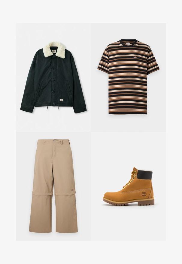 Sort jakke med en krave i cremefarvet faux shearling, frontknapper, sidelommer og snor i kanten. Etiket på nederste venstre side.; T-shirt med korte ærmer med vandrette sorte, brune og beige striber samt en lille Dickies logo-patch på brystet.; Beige cargobukser med aftagelige ben, bæltestropper, sidelommer og knaplukning, vist på hvid baggrund.; Brune læder ankelstøvle med metaløjer, hvid pelsforing, sort polstret krave, robust sål og præget logo på siden.