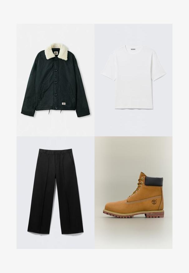 Chaqueta negra con cuello de piel sintética color crema, botones de presión en el frente, bolsillos laterales y dobladillo con cordón. Etiqueta en la parte inferior izquierda.; Camiseta blanca lisa de manga corta con cuello redondo y una pequeña etiqueta "WEEKDAY" en el interior del cuello trasero, mostrada sobre una superficie plana.; Pantalones negros de pierna ancha con trabillas para cinturón, bolsillos delanteros y cierre de cremallera, exhibidos sobre un fondo gris claro.; Bota de tobillo de cuero marrón con cuello negro, cordones amarillos y suela beige. Presenta un logotipo y detalles de costura blanca. Suela exterior con tracción robusta.