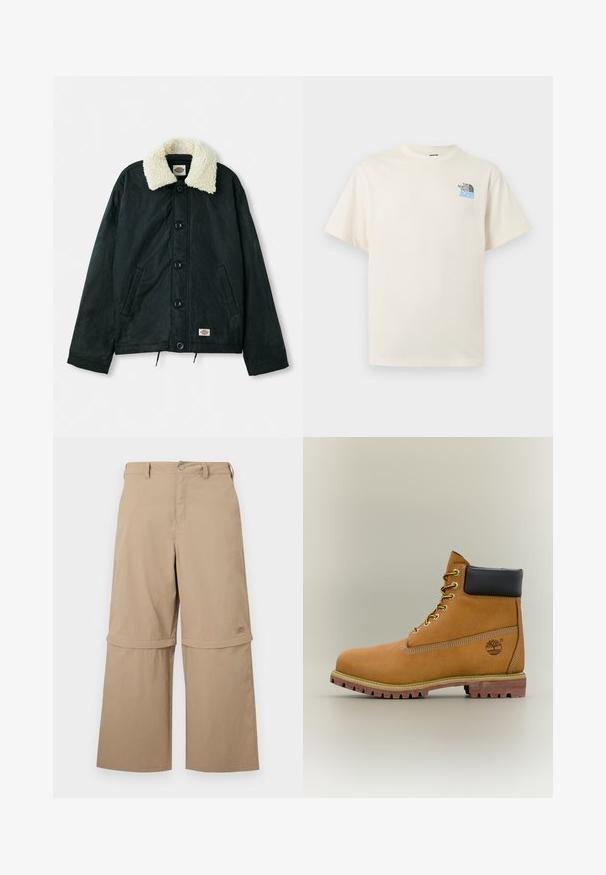 Schwarze Jacke mit einem krämfarbenen Kunstfellkragen, Frontdruckknöpfen, seitlichen Taschen und einem Kordelzug am Saum. Etikett auf der unteren linken Seite.; Off-white T-Shirt mit kurzen Ärmeln, Rundhalsausschnitt und kleinem schwarzen und blauen The North Face-Logo auf der linken Brust.; Beige Cargo-Hose zum Wenden mit abnehmbaren unteren Hosenbeinen, Gürtelschlaufen, Seitentaschen und Knopfverschluss, dargestellt vor weißem Hintergrund.; Brauner Leder-Stiefelette mit schwarzem Kragen, gelben Schnürsenkeln und hellbrauner Sohle. Verfügt über ein Logo und weiße Ziernähe. Robuste Profilsohle.