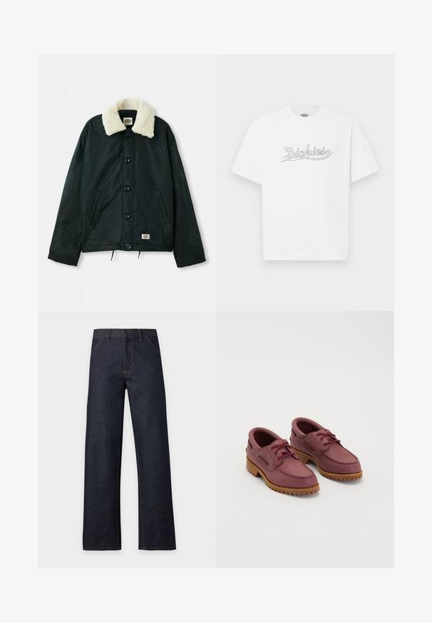 Chaqueta negra con cuello de piel sintética color crema, botones de presión en el frente, bolsillos laterales y dobladillo con cordón. Etiqueta en la parte inferior izquierda.; Camiseta blanca de manga corta con el logo de "Dickies" en contorno negro estampado en el pecho, fondo liso.; Vaqueros de mezclilla azul oscuro con pierna ancha, costuras amarillas, cierre delantero con botones, trabillas para cinturón y bolsillos delanteros, mostrados sobre un fondo liso.; Un par de zapatos de barco de cuero marrón oscuro con suelas de goma gruesas color beige y cordones rojos sobre un fondo blanco.