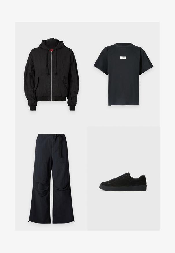 Sort bomberjakke lavet af letvægtsstof, med hætte, frontlynlås, ribbede manchetter og en afslappet pasform. To sidelommer inkluderet.; Sort bomuld T-shirt med rund halsudskæring, korte ærmer og en rektangulær hvid label på brystet med tekst og tal.; Sorte bukser med vide ben lavet af letvægtstof. Har bælte, to store sidelommer og justerbare kanter med snorlås.; Sort semsket sneakers med en flad, tekstureret sål, rund tå, seks snørrehuller og et minimalistisk design.