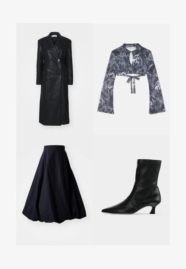 Black leather coat with double-breasted design, notched lapels, front pockets, and a smooth texture. Full-length with a straight silhouette.; Cropped long-sleeve top in a dark gray, black, and white abstract pattern, featuring a front keyhole cutout and tie detail at the waist.; By Malene Birger AUBREY - Maxi skirt - black; Black leather mid-calf boot with pointed toe and low kitten heel, shown from the side on a plain light background.
