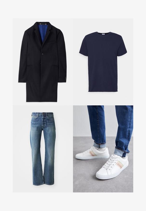 Marineblauwe wol overjas met een enkele knoopsluiting, ingeknipte revers en twee zijzakken. Voorzien van een blauwe binnenvoering en minimale stikdetails.; Navyblauwe T-shirt met korte mouwen van zachte stof. Heeft een ronde hals en een rechte snit zonder patronen of accenten.; Denim jeans in een licht tot gemiddeld blauwe kleur, met een recht gesneden pijp, klassiek vijf-pocket ontwerp en subtiele vervaging aan de voorkant.; Witte leren sneakers met meerkleurige strepen, vetersluiting, rubberen zool en gevoerd kraagje, gecombineerd met blauwe spijkerbroek.