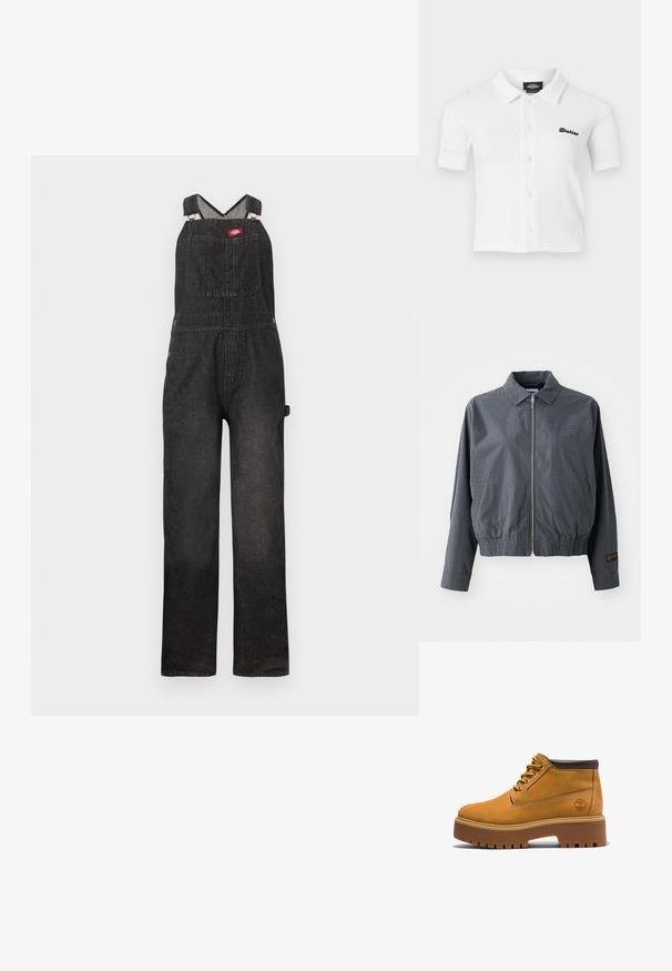Grå ternet bomberjakke, letvægtsstof, lynlåsclosure, krave, elastisk kant, sidelommer og kontrasterende logo-detalje på ærmet.; Sorte denim-overalls med justerbare skulderstropper, en frontbrystlomme og en afslappet straight-leg pasform.; Hvid kortærmet skjorte med knapper og krave, tekstureret stof og sort "Dickies"-logo broderet på venstre bryst.; Brune læder ankestøvler med rund tå, brune accenter, tyk platformssål og kontrasterende gule snørebånd. Har et logo på siden.