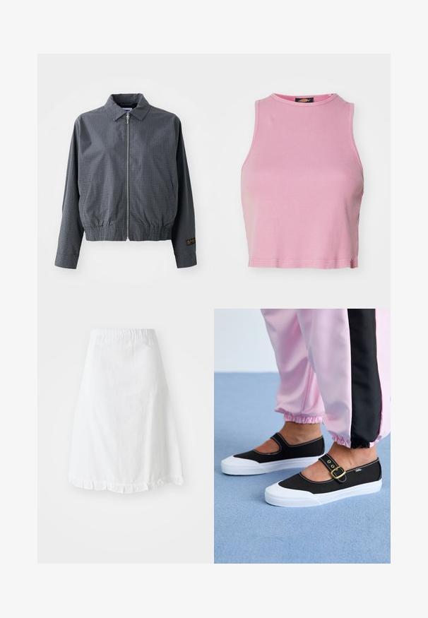 Grå ternet bomberjakke, letvægtsstof, lynlåsclosure, krave, elastisk kant, sidelommer og kontrasterende logo-detalje på ærmet.; Rosa ribbet crop top med rund halsudskæring og ærmeløs design. Har en kant, der slutter lige over taljen.; Hvid nederdel med elastisk talje, der har et tekstureret mønster og en flæset snit i bunden. Enkel A-formet design.; Sorte lærredssko med en hvid sål, der har et udskæringsdesign og et guldspænde. Bæret med lyserøde træningsbukser.