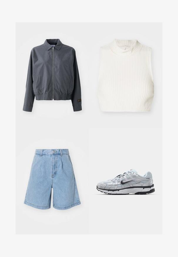 Sivá károvaná bomber bunda, ľahký materiál, zips, golier, elastický lem, bočné vrecká a kontrastný detail loga na rukáve.; Biely rebrovaný bezrukávový crop top s vysokým golierom a jemným detailom gombíka na golieri, vyrobený z hladkej, elastickej látky.; Světle modré denimové šortky s vysokým pasem, skládacím předním dílem a širokými, rovně střiženými nohavicemi. Dokončené knoflíkovým zapínáním a poutky na opasek.; Tenisky Nike P-6000 s vrchným materiálom z jemnej šedej sieťoviny, čiernymi akcentmi a odolnou čiernou gumovou podrážkou. Obsahujú jemný dizajn a systém šnurovania.