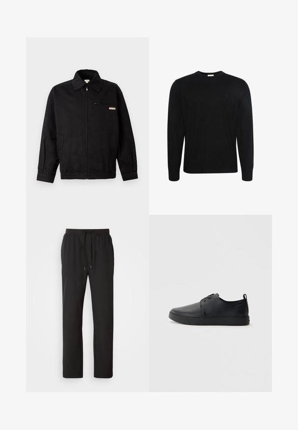 Calvin Klein Jeans JACKET - Leichte Jacke - black; Schwarzer Pullover mit langen Ärmeln und Rundhalsausschnitt, aus dezent strukturiertem Stoff mit kleinem gesticktem Logo auf der linken Brust.; Schwarze Jogginghosen aus leichtem Stoff, mit einem elastischen Bund und verstellbaren Kordeln sowie Seitentaschen. Glatte Textur.; Schwarze Leder-Sneaker mit glatter Oberfläche, abgerundeter Zehenpartie, gleichfarbiger Nähte, schnürbarem Vorderteil und flacher Gummisohle. Schlaufe an der Ferse.