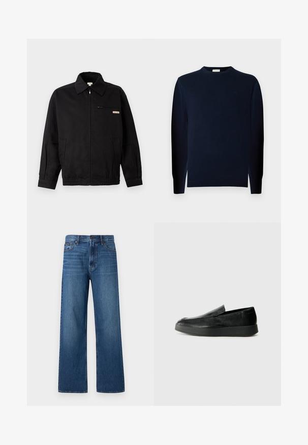 Calvin Klein Jeans JACKET - Leichte Jacke - black; Junger Mann mit lockigem Haar, der einen dunklen Pullover mit langen Ärmeln und dunkle Hosen trägt, steht vor einem einfarbigen grauen Hintergrund.; Blaue, hoch taillierte Jeans mit geradem Bein, Frontknopf und Reißverschluss, fünf Taschen und einem kleinen Markenpatch auf der rechten Tasche.; Calvin Klein HYBRID CUP - Slipper - triple black