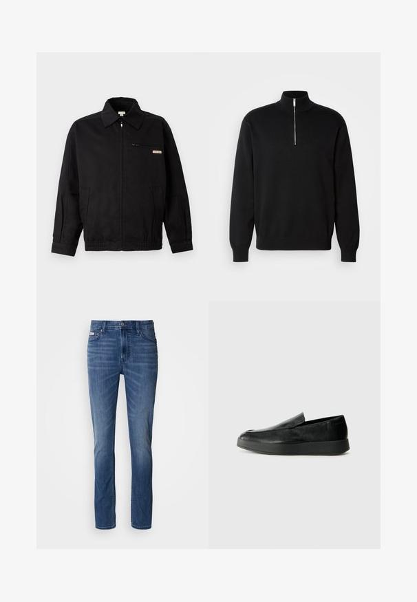 Calvin Klein Jeans JACKET - Leichte Jacke - black; Schwarzer Zip-Kragen-Pullover aus glattem Stoff, mit hohem Kragen und langen Ärmeln, mit einem dezenten Logo auf der Brust.; Jeans aus mittleren Blautönen in geradem Bein, mit klassischem Fünf-Taschen-Design, Gürtelschlaufen und Knopfverschluss.; Calvin Klein HYBRID CUP - Slipper - triple black