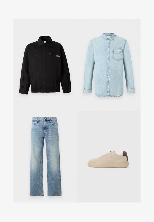 Calvin Klein Jeans JACKET - Leichte Jacke - black; Hellblaues Denim-Hemd mit langen Ärmeln, Knopfleiste vorne, einer Brusttasche mit Calvin Klein-Logo und spitzem Kragen.; Hellblaue Jeans mit geradem Bein, hohem Bund, fünf Taschen, Knopfverschluss und dezentem Verblassen an Oberschenkeln und Knien.; Beige Wildleder-Sneaker mit runder Spitze, Schnürung vorne und einem braunen Wildlederakzent an der Ferse. Verfügt über eine strukturierte Gummisohle.