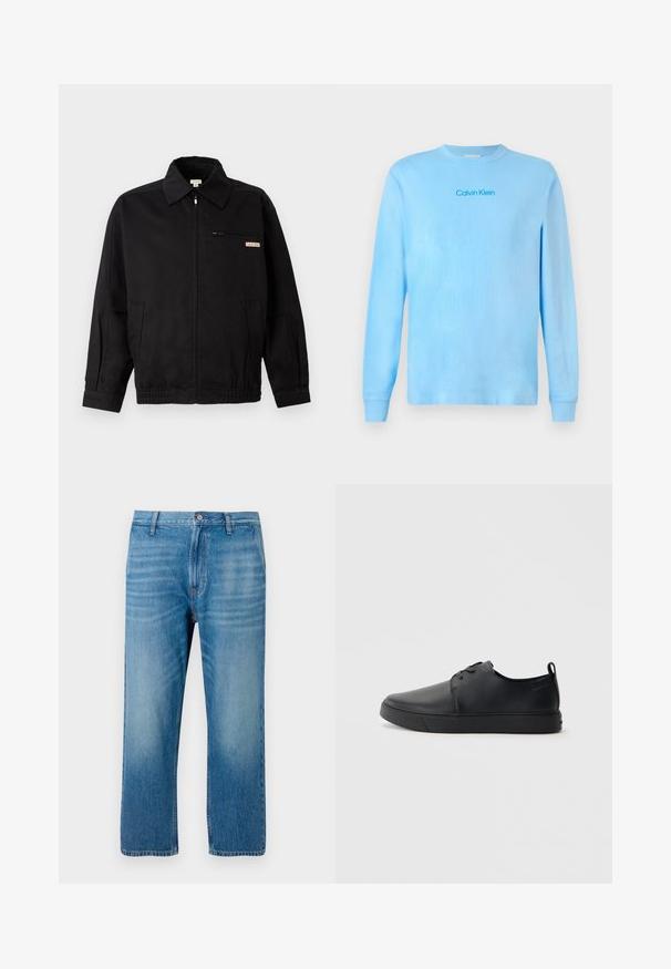 Calvin Klein Jeans JACKET - Lichte jas - black; Lichtblauw langekleding t-shirt met ronde hals en het "Calvin Klein" logo gecentreerd op de borst, weergegeven op een effen achtergrond.; Lichtblauwe denim jeans met een rechte pasvorm, vijf-pocket ontwerp, knoopsluiting en subtiele vervaging aan de voorkant. Geen zichtbare patronen.; Zwarte leren sneaker met een gladde afwerking, ronde neus, tonale stiknaden, vetersluiting aan de voorkant en een vlakke rubberen zool. Lussje aan de hak.