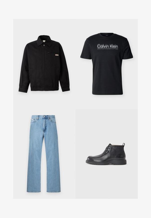 Calvin Klein Jeans JACKET - Letná bunda - black; Čierne tričko s krátkym rukávom s bielym nápisom "Calvin Klein" a sloganom "Established Nineteen Sixty Eight" pod ním uprostred vpredu.; Riflové nohavice svetlomodrej farby s rovnými nohavicami, s dizajnom piatich vreciek a zapínaním na gombík v páse, zobrazené na jednoduchom pozadí.; Čierne kožené členkové čižmy s okrúhlou špičkou, šnurovací dizajn a pútko na zadnej strane. Štruktúrovaný zvršok a gumová podrážka.