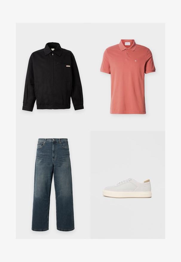Calvin Klein Jeans JACKET - Letná bunda - black; Pánska krátka rukávová polo košeľa v farbe prachovej ruže s dvoma gombíkmi a malým bielym logom "cK" na ľavej strane hrudníka.; Džínsy s širokými nohavicami v tmavomodrej farbe, so svetlou umývanou úpravou, piatimi vreckami a pevným prešitím. Zapínanie na gombíky v páse.; Svetlošedé tenisky s hladkým syntetickým zvrškom, okrúlym špičkou a štruktúrovanou krémovou medzipodrážkou. Svetlé béžové akcenty na päte.