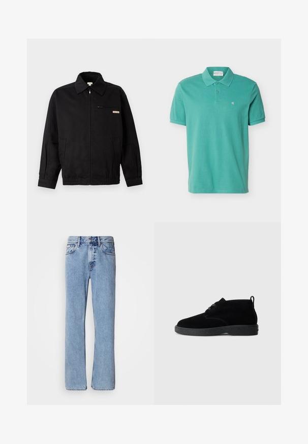 Calvin Klein Jeans JACKET - Leichte Jacke - black; Türkises Polohemd mit kurzen Ärmeln, Kragen und zwei Knöpfen, mit kleinem weißem "cK"-Logo auf der linken Brust.; Hellblaue Jeans aus Denim mit geradem Bein, fünf Taschen und Knopfverschluss. Nähte in der Nähe der Taschen und des Bundes.; Schwarze Wildleder-Stiefeletten mit runder Zehenpartie, Schnürdesign, schwarzem Gummisohle und einem Zugband an der Rückseite für einfaches An- und Ausziehen.