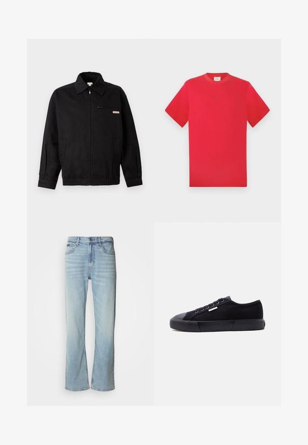 Calvin Klein Jeans JACKET - Leichte Jacke - black; Rotes Rundhals-T-Shirt aus Baumwolle. Kurze Ärmel, einfarbig mit subtiler Markenkennzeichnung in der Mitte. Weicher Stoff und klassischer Schnitt.; Hellblaue Jeans aus Denim mit geradem Bein, ausgestattet mit fünf Taschen, einem Knopfverschluss und subtilen Verwaschungen im Stoff.; Schwarzer Low-Top-Leinenschuh mit Gummisohle, vorderer Schnürung und kleinem metallischem Calvin Klein-Logo an der Seite.