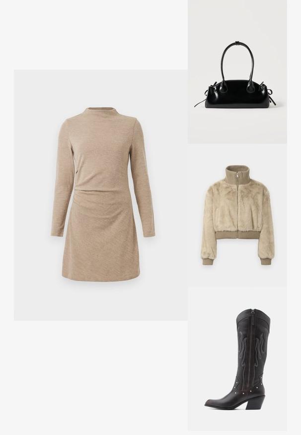 Veste courte en fausse fourrure beige, dotée d'un col montant cannelé et de poignets, ainsi que d'une fermeture éclair centrale pour un enfilage facile.; Robe à manches longues en tricot beige avec un col montant. Elle présente un détail froncé à la taille et une coupe droite qui tombe au-dessus du genou.; Bottes de cowboy en cuir marron avec surpiqûres en forme de flammes, fermeture éclair latérale, clous argentés, bout pointu et talon superposé.; Petit sac à main noir brillant avec deux longues anses et des détails à cordon sur les côtés sur un fond clair uni.