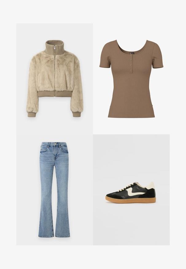 Veste courte en fausse fourrure beige, dotée d'un col montant cannelé et de poignets, ainsi que d'une fermeture éclair centrale pour un enfilage facile.; Haut marron côtelé à manches courtes avec encolure dégagée et quatre petits boutons ronds en argent sur la patte de boutonnage avant.; Jeans en denim bleu clair avec une taille haute, un bouton et une fermeture éclair à l'avant, cinq poches et des jambes légèrement évasées.; Baskets en daim et cuir noir avec un swoosh latéral crème et un talon crème clair. Dotées de lacets beige et d'une semelle en caoutchouc gomme.