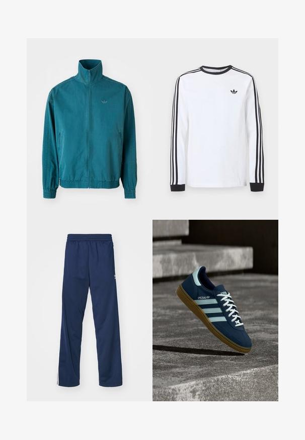 Türkiissinine kerge jakk kõrge kraega, lukuga ees, kahe küljetaskuga, elastsete mansettidega ning kolme vertikaalse triibuga varrukatel.; Valge pika varrukaga Adidas särk musta ümarkaeluse, mustade varrukaäärte ning kolme musta triibuga varrukatel ja musta kolmelehelogo rinnal.; Tumed sinised spordipüksid elastse vöökohaga, millel on valged külgtriibud ja logo aksent vasakul reiel.; Sinine Adidas Spezial tennisk, valgete triipude ja paeltega, kummist tallaga, hõljub kareda betoonpinna ja sammude kohal taustal.
