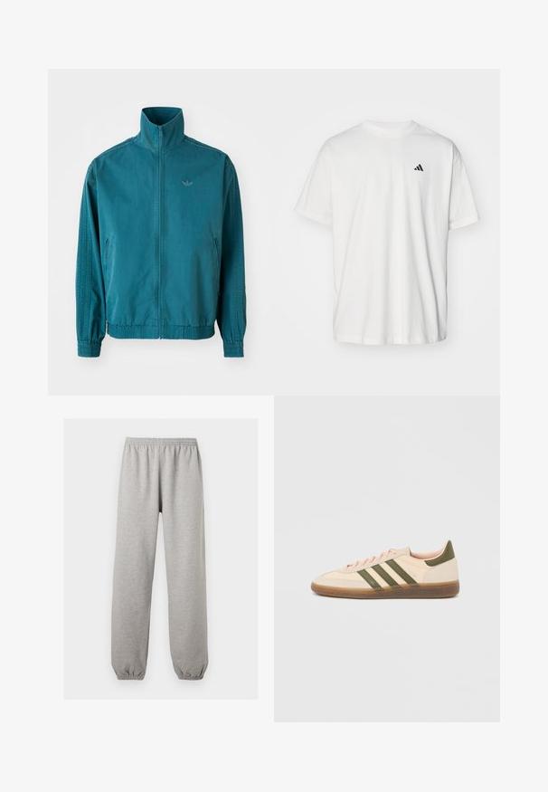 Türkisfarbene, leichte Jacke mit hohem Kragen, Reißverschluss vorne, zwei seitlichen Taschen, elastischen Bündchen und drei vertikalen Streifen an den Ärmeln.; Weißes Baumwoll-T-Shirt mit kurzen Ärmeln, Rundhalsausschnitt und kleinem schwarzem Adidas-Logo auf der linken Brust. Weicher Stoff, lässige Passform.; Hellgraue Jogginghose mit elastischem Bund und Bündchen, gerader Beinverlauf, aus weichem Stoff.; Flacher, beigefarbener Adidas Spezial Sneaker mit grünen Streifen, Gummisohle und "SPEZIAL" Schriftzug an der Seite, von der Außenseite gezeigt.