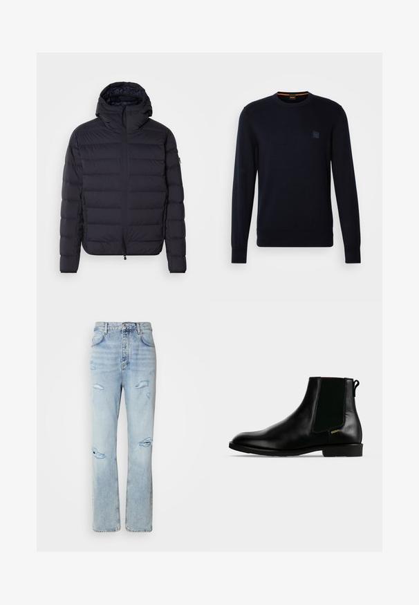 Opvouwbare jas, marineblauw, gewatteerd met horizontale secties, ritsluiting aan de voorkant, verstelbare capuchon, elastische manchetten en zijzakken. Gladde textuur.; Marineblauwe gebreide trui met lange mouwen, ronde hals, geribbelde manchetten en zoom, met een klein vierkant logo-opdruk op de borst.; Licht gewassen denim jeans met een ontspannen pasvorm, voorzien van versleten plekken en rafelige randen. De stof heeft een zachte, gladde textuur.; Zwarte leren enkellaars met elastische zijpaneel, lage hak, trek lus aan de achterkant en klein gouden "HUGO" logo aan de buitenkant.