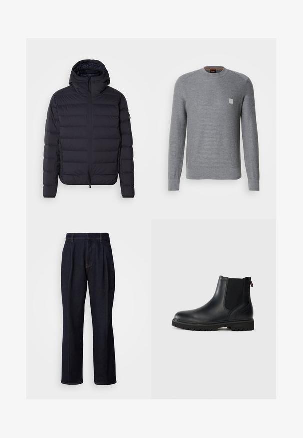 Pufjakke, marineblå, kviltet med vandrette sektioner, lynlåslukning foran, justerbar hætte, elastiske manchetter og sidelommer. Glat tekstur.; Grå, strikket sweater med lange ærmer, ribbede manchetter og rund halsudskæring. Har et lille kvadratisk logo på brystet.; Mørkeblå vidde denim jeans med frontfældninger og orange syninger, vist på hvid baggrund.; Sorte læder ankelstøvler med elastiske sidepaneler, rund tå og en robust gummisål med dybe riller for bedre greb.