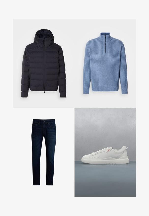 Doudoune, bleu marine, matelassée avec des sections horizontales, fermeture éclair à l'avant, capuche réglable, poignets élastiques et poches latérales. Texture lisse.; Pull en tricot côtelé bleu clair avec un col montant et une fermeture éclair partielle au niveau du cou ; il a des manches longues et un ourlet droit.; Jean slim bleu foncé avec fermeture avant par boutons et zip, style cinq poches et légère décoloration sur les cuisses.; Sneaker blanche avec une finition en cuir lisse, bout rond, quatre œillets, perforations subtiles et un détail de logo rouge sur le côté.