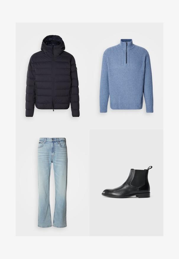 Pufjakke, marineblå, kviltet med vandrette sektioner, lynlåslukning foran, justerbar hætte, elastiske manchetter og sidelommer. Glat tekstur.; Lyst blå ribbestrikket sweater med opretstående krave og en delvis lynlås ved halsen; har lange ærmer og en lige kant.; Lyseblå denimjeans med lige ben, der har fem lommer, knaplukning og en subtil falmning på stoffet.; Sorte læder ankelstøvler med elastiske sidepaneler, rund tå og en trækloft. Glat tekstur, flad sål, minimalistisk design.