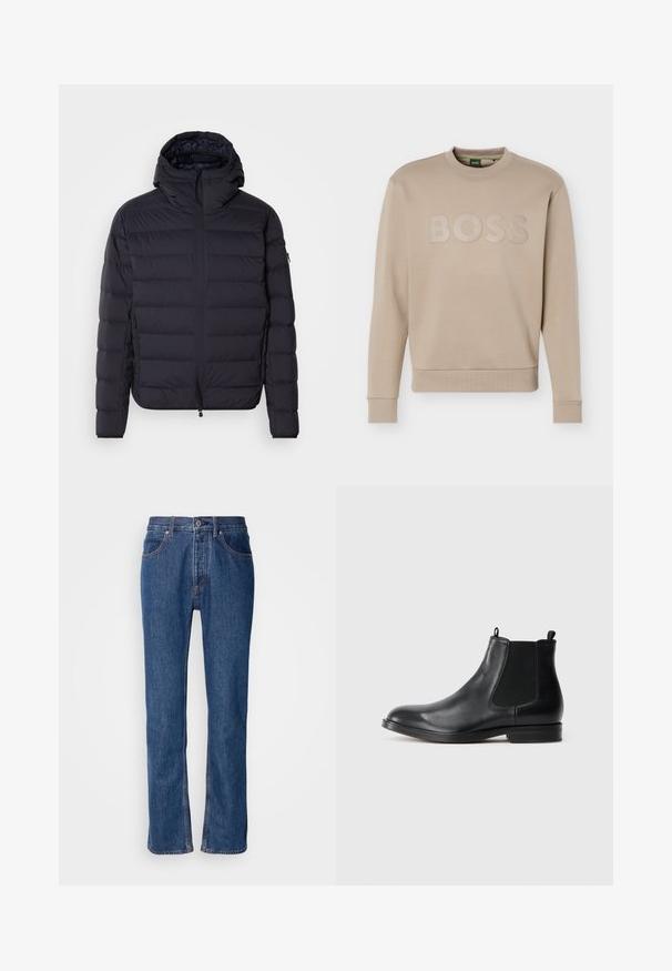 Pufjakke, marineblå, kviltet med vandrette sektioner, lynlåslukning foran, justerbar hætte, elastiske manchetter og sidelommer. Glat tekstur.; Beige crewneck-sweatshirt med lange ærmer og ribbet kant ved ærmer og bund, prydet med "BOSS"-logo på brystet.; Blå denimjeans med lige snit, fem-lomme-design og lys syning. Har lynlås og knaplukning foran.; Sorte læder Chelsea støvler med elastiske sidepaneler, rund tå, trækstrop og en lav blokhæl. Glat tekstur og minimalistisk design.