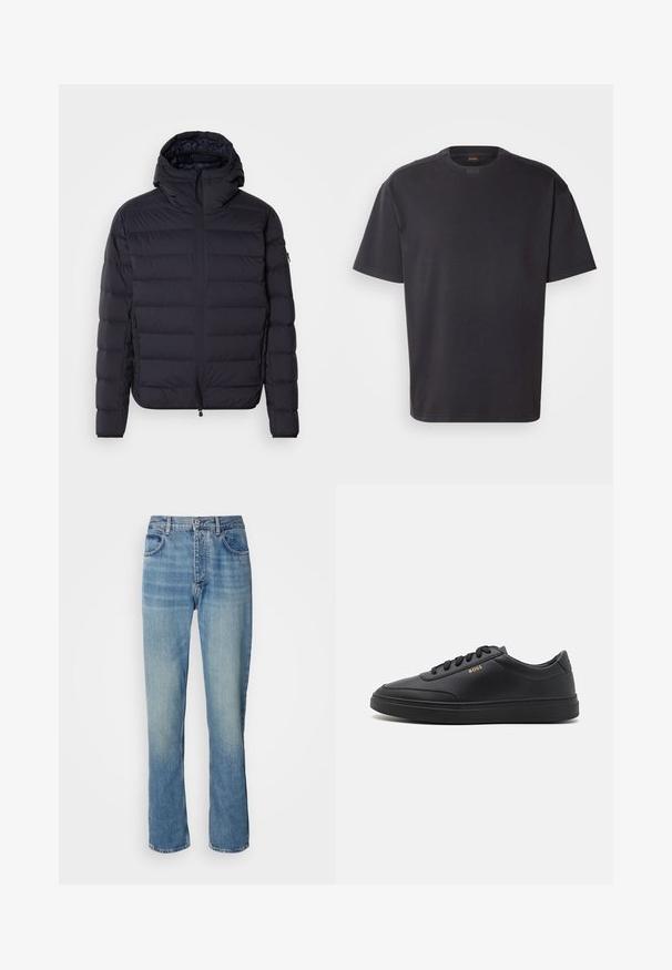Daunenjacke, marineblau, gesteppt mit horizontalen Abschnitten, Reißverschluss vorne, verstellbare Kapuze, elastische Bündchen und Seitentaschen. Glatte Textur.; Schwarzes T-Shirt mit kurzen Ärmeln aus Baumwolle, mit rundem Halsausschnitt und dezentem Branding am Kragen. Weiche Textur mit lässiger Passform.; Helle blaue, gerade geschnittene Denim-Jeans mit hoher Taille, vorderem Knopf, Reißverschluss und Fünf-Taschen-Design.; Schwarze Leder-Sneaker mit glatter Textur, runder Zehenpartie, flacher Gummisohle und einfarbigen Schnürsenkeln. Mit goldfarbenem "BOSS" Logo an der Seite.