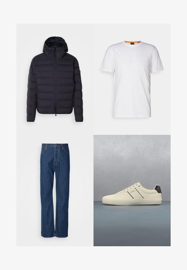 Pufjakke, marineblå, kviltet med vandrette sektioner, lynlåslukning foran, justerbar hætte, elastiske manchetter og sidelommer. Glat tekstur.; Hvid bomulds T-shirt med rund hals, korte ærmer og et subtilt præget logo på brystet. Indvendigt mærke har en orange detalje.; Blå denim jeans med lige ben, der har en knaplukning, fem lommer og kontraststikninger langs sømmene.; Cremefarvede sneakers med en glat tekstur, der har sorte accenter og branding. Klassisk snørebåndsdesign med rund tå og gummisål.