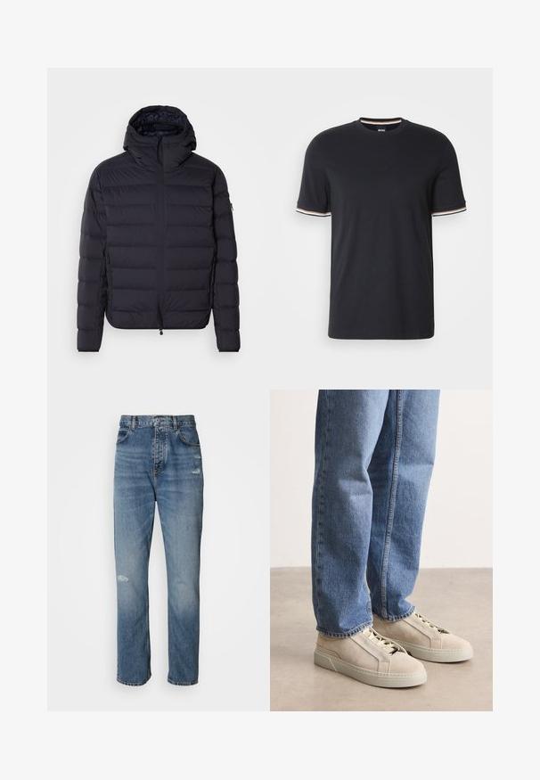 Pufjakke, marineblå, kviltet med vandrette sektioner, lynlåslukning foran, justerbar hætte, elastiske manchetter og sidelommer. Glat tekstur.; Sort bomulds t-shirt med rund halsudskæring, korte ærmer med stribede detaljer i hvid, orange og blå ved ærmeåbningerne.; Lyseblå denim jeans med lige ben-design, der har en knap- og lynlåslukning, fem lommer og slidte detaljer ved knæet.; BOSS GARYTENN_SDHDEL - Sneakers - natural ten