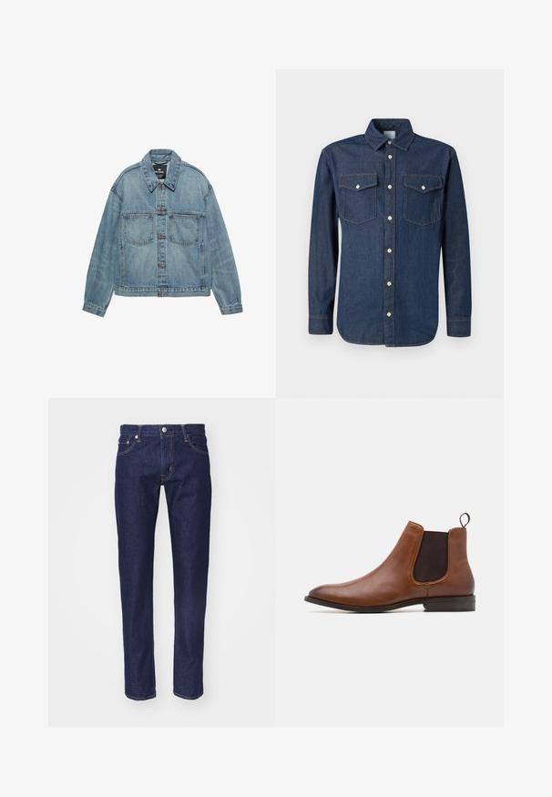 Veste en jean bleu clair avec fermeture boutonnée, deux poches poitrine et col classique. Texture usée avec une coupe décontractée.; Chemise en denim bleu foncé avec un col classique, des manches longues et deux poches poitrine. Présente des boutons blancs et des coutures contrastées.; Jean en denim bleu marine avec une coupe droite, une conception à cinq poches, des coutures orange contrastées et une fermeture à bouton en métal argenté à la taille.; Zign by Zalando LEATHER - Bottines - cognac
