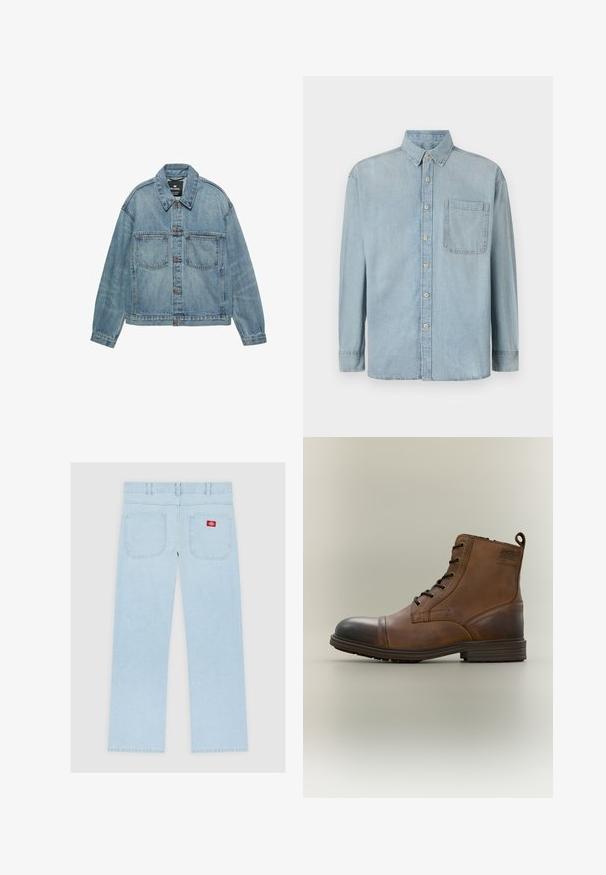 Veste en jean bleu clair avec fermeture boutonnée, deux poches poitrine et col classique. Texture usée avec une coupe décontractée.; Chemise en jean bleu clair à manches longues, avec un devant à boutons et une poche poitrine unique. Dispose d'un col classique et de poignets standards.; Jean en denim bleu clair à jambes droites vu de dos avec deux poches plaquées et une étiquette logo rouge sur la poche droite.; Botte cheville en cuir marron à lacets avec bout noir, semelle ronde et détail de marque sur le côté sur fond uni.
