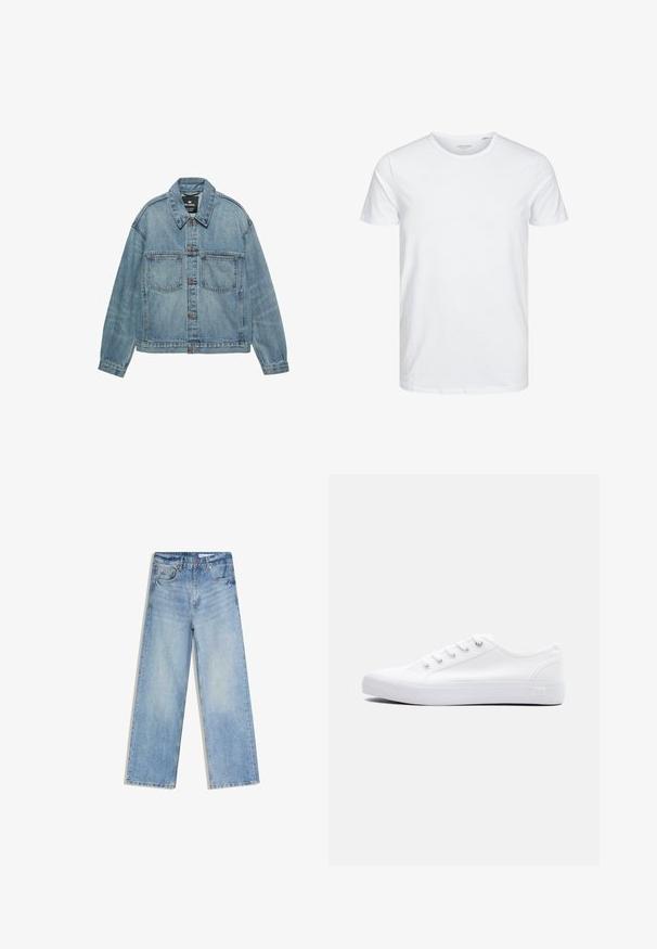 Veste en jean bleu clair avec fermeture boutonnée, deux poches poitrine et col classique. Texture usée avec une coupe décontractée.; T-shirt à col rond à manches courtes de couleur blanche unie, fabriqué en coton doux, avec un design simple sans motifs ni accents visibles.; Jean bleu clair taille haute, jambes larges, avec poches avant et arrière, rivets en cuivre et fermeture par bouton.; Baskets basses en toile blanche avec lacets blancs, semelle en caoutchouc et œillets métalliques, vues de côté extérieur sur un fond uni.